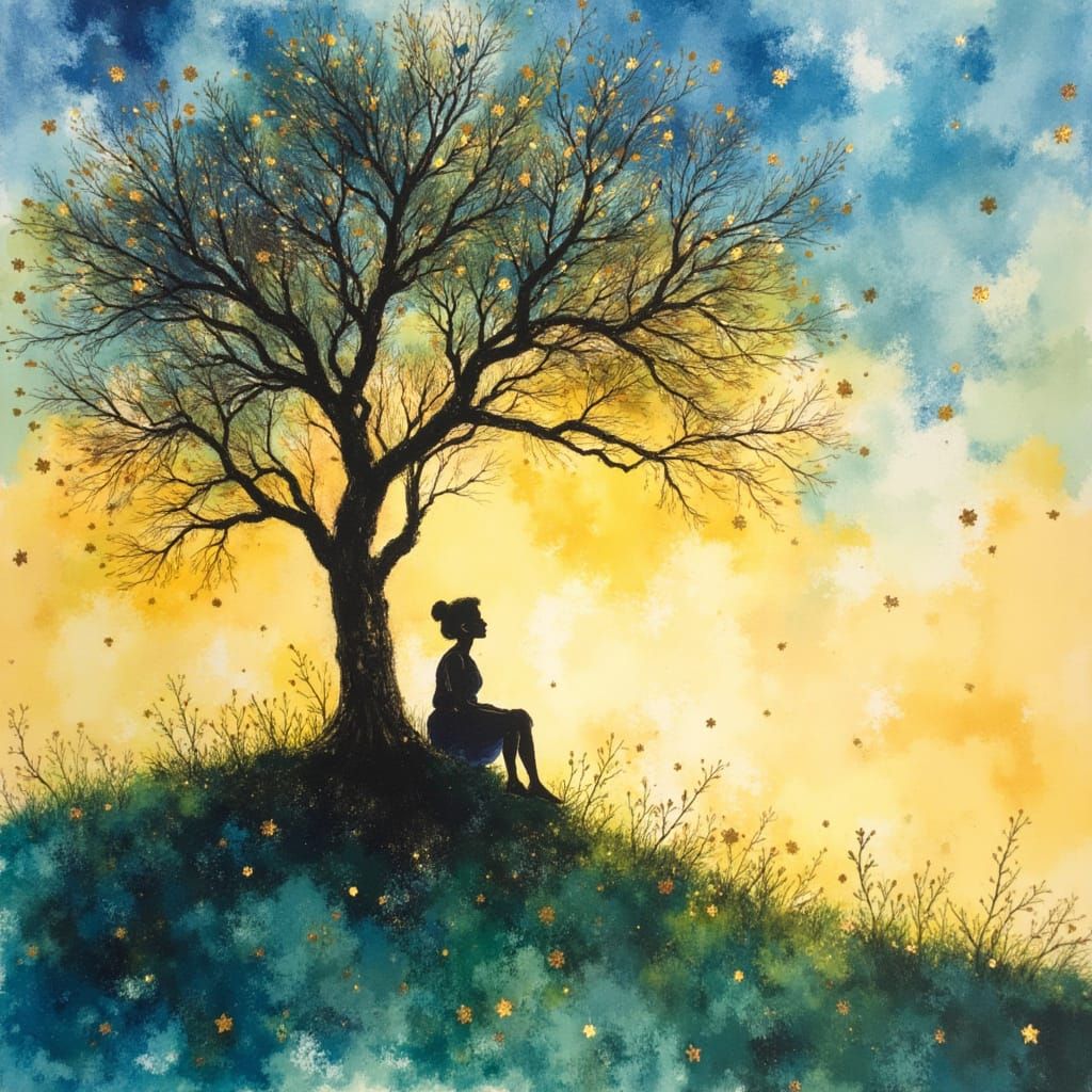 Impressionist Lady Under Tree, Gold Veins, Summer Colors