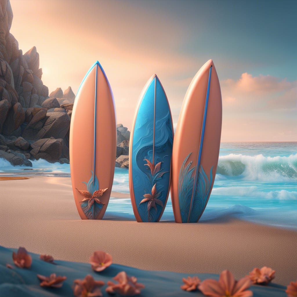 Peach and Blue Surfboards on a Detailed Beach