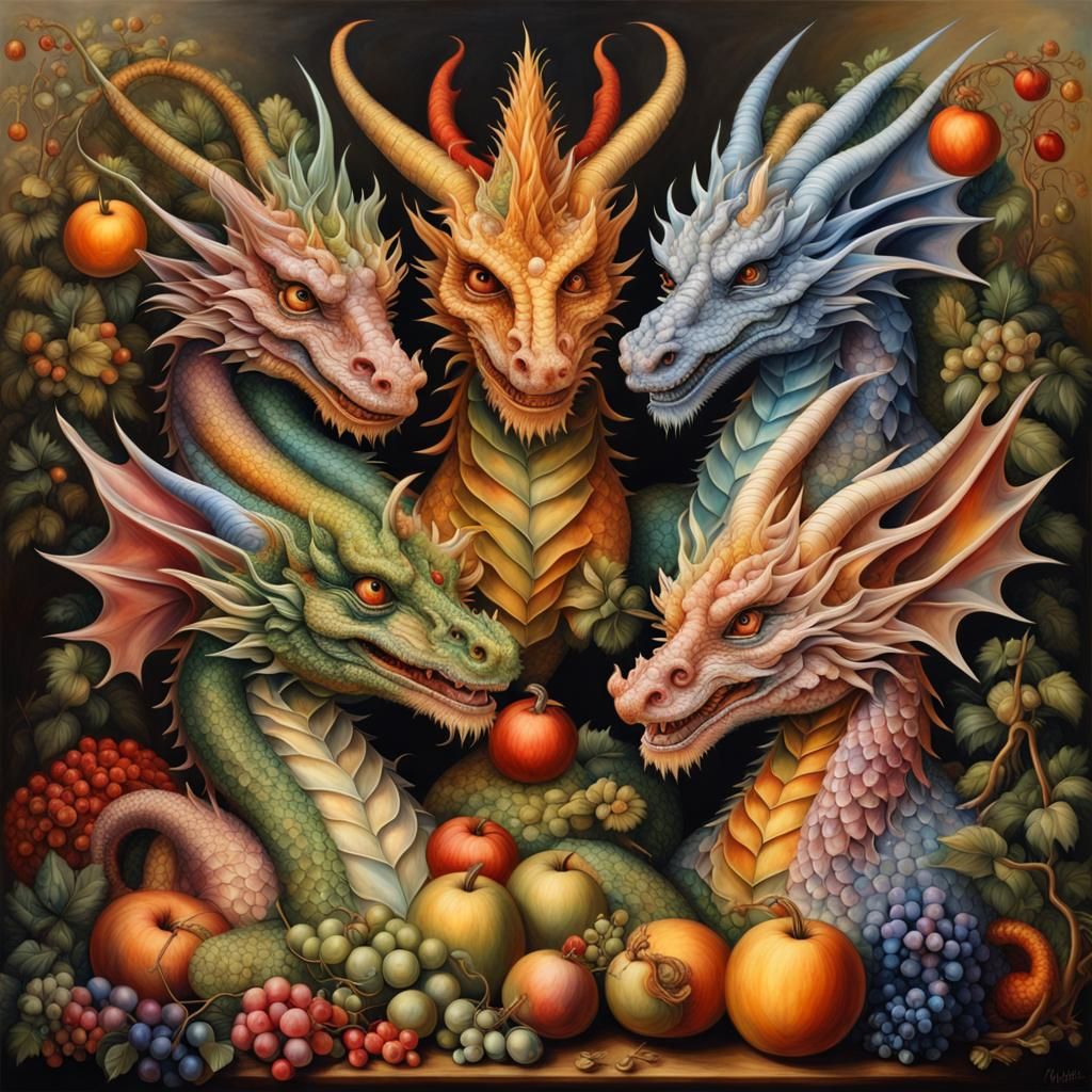 Dragons Embrace in Giuseppe Arcimboldo Style
