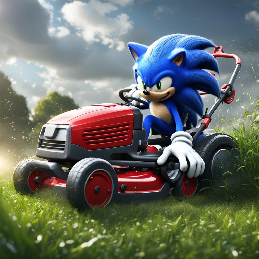 Sonic Hedgehog Mowing Lawn, Detailed Matte Painting