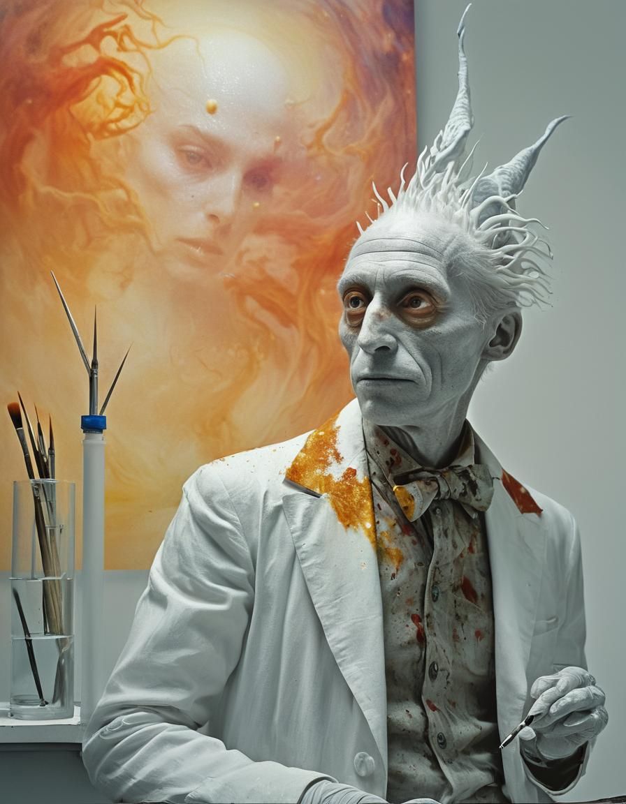 Exotic Surreal Portrait in White Laboratory, Hyperrealism
