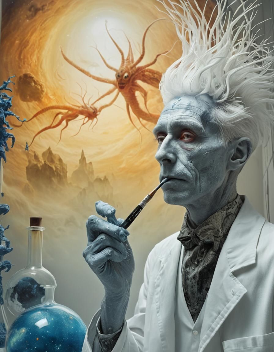 Surreal Exotic Portrait in White Laboratory, Hyperrealism