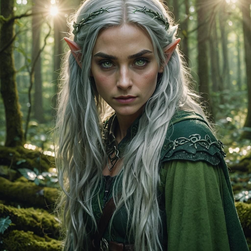 Beautiful Silver-Haired Elf in Mystical Forest