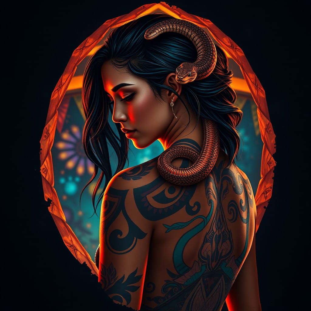 Indigenous Goddess Adorned in Glowing Aztec Tattoos and Snak...