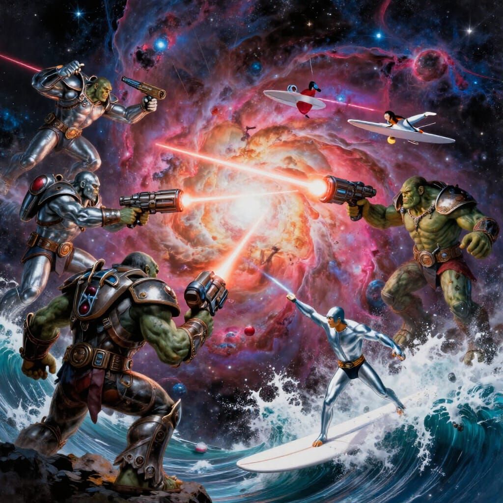 Epic Space Battle: Orcs vs. Silver Surfers in Nebula