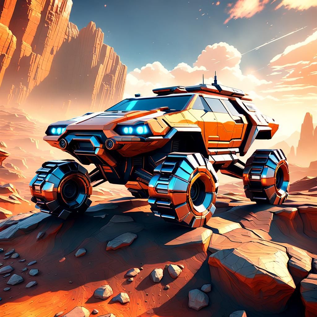 Futuristic Hover Vehicle in Orange Rocky Landscape