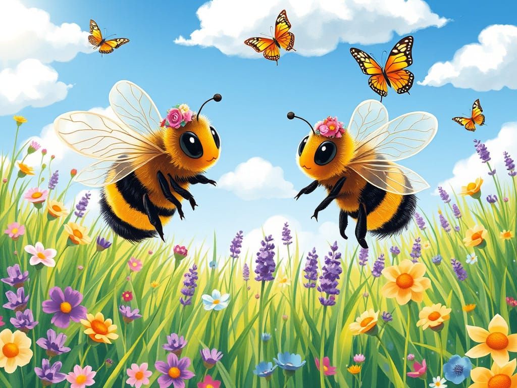 Whimsical Floral Wonderland with Bumblebees and Butterflies