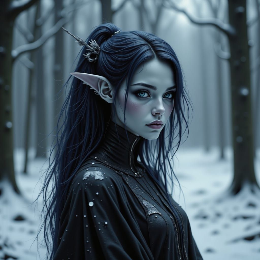 Regal Alien Girl in Snowy Winter Forest