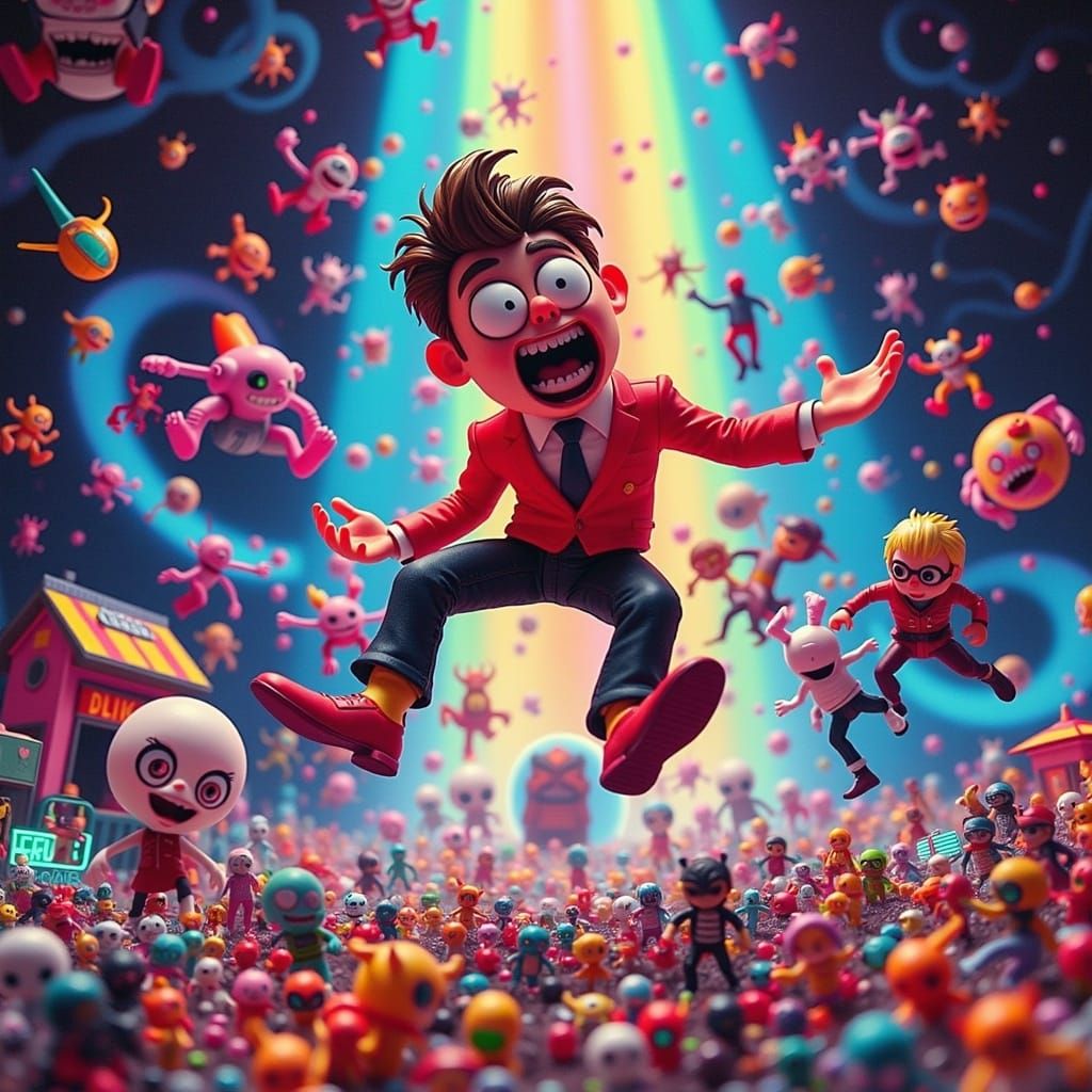 Retro Person Ascends in Beam of Light, Cyberpunk Style