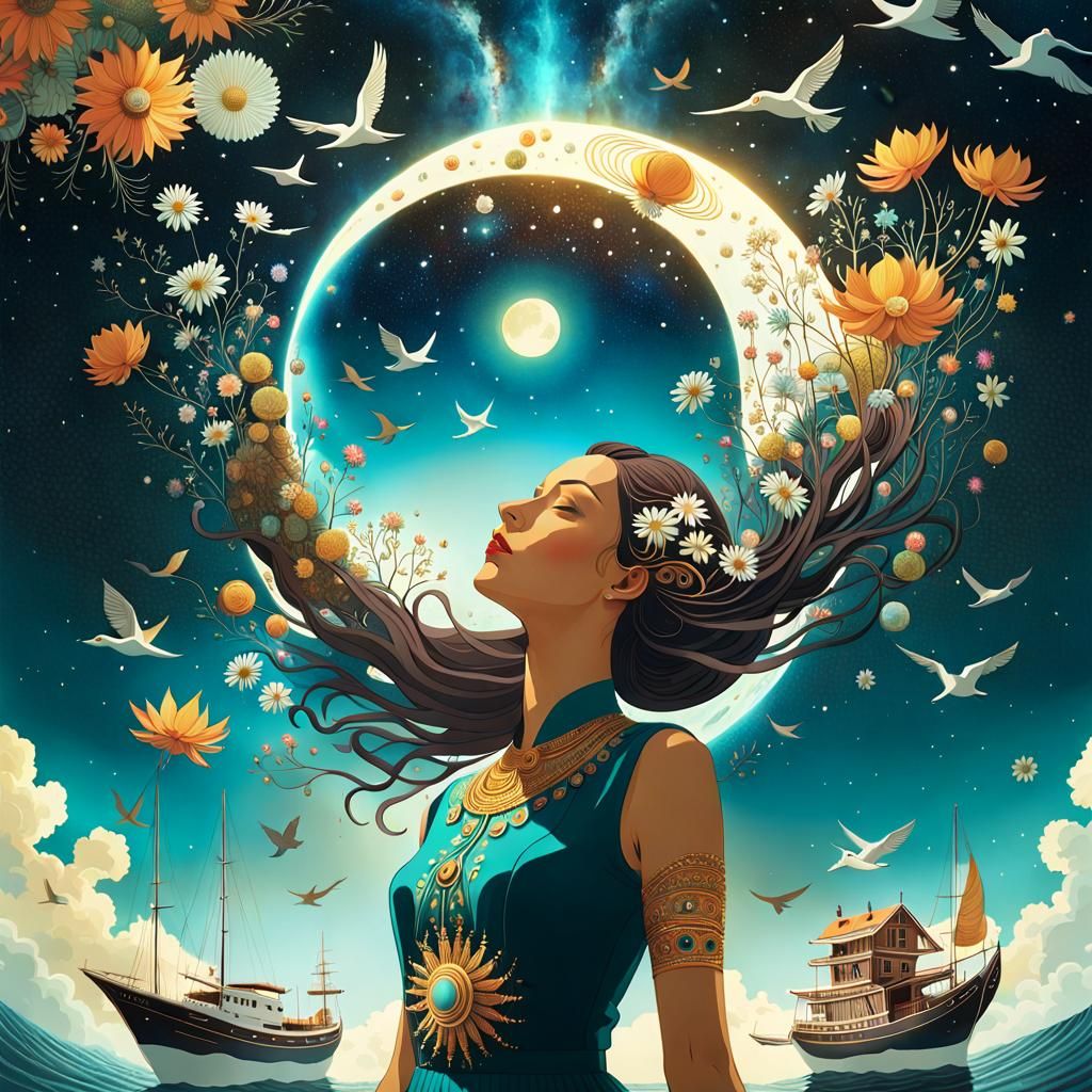 Woman Holding Cosmos in Surreal Upside-Down Universe