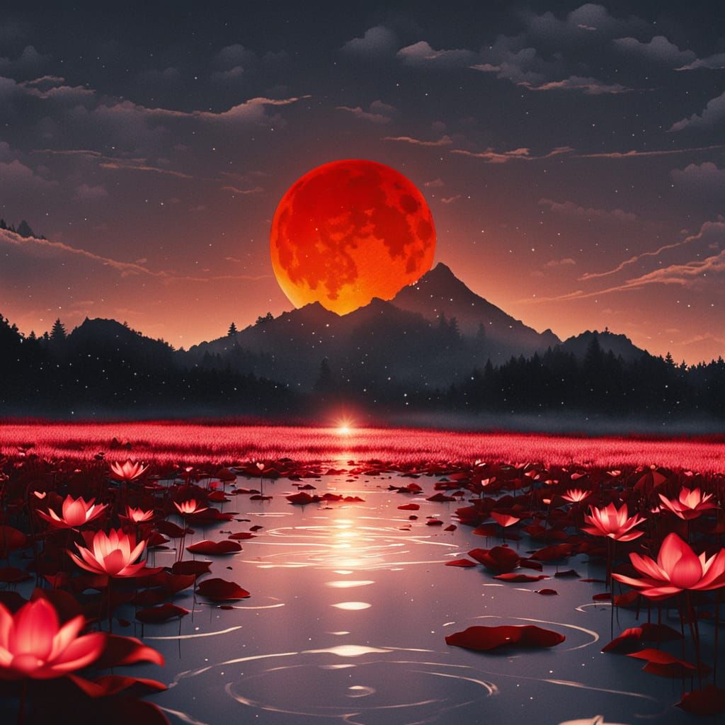 Anime Red Moon and Lotus in Intense Light