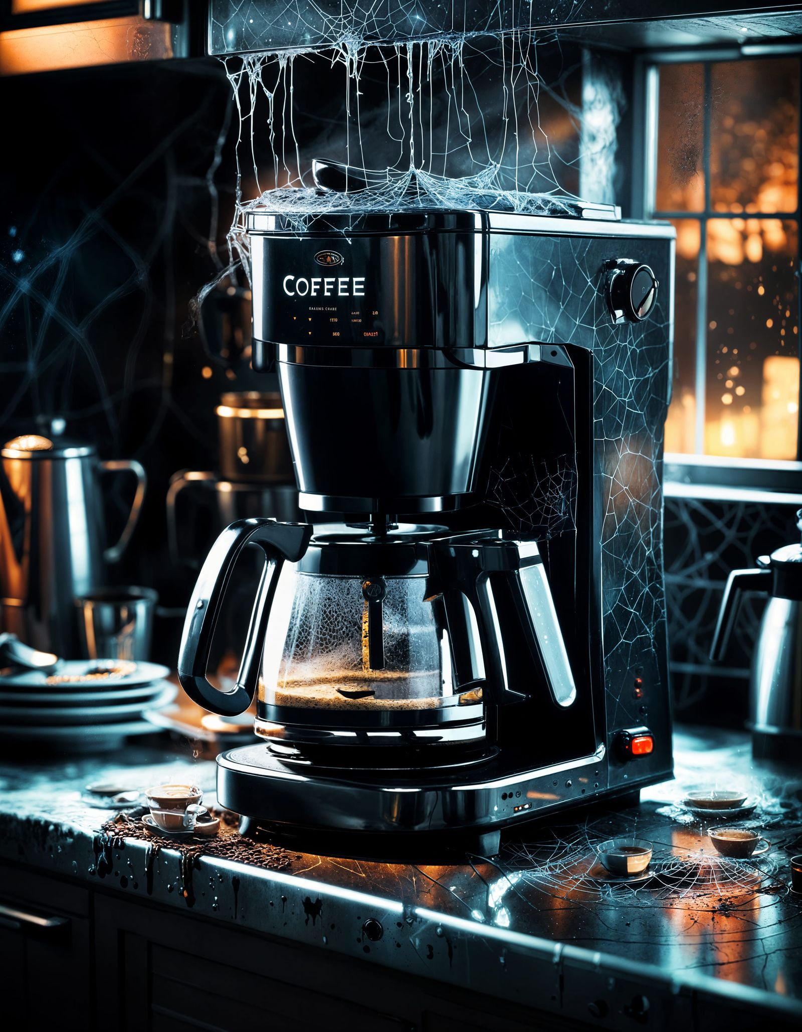 Spooky Coffee Maker Bleeding Coffee in Dark Kitchen
