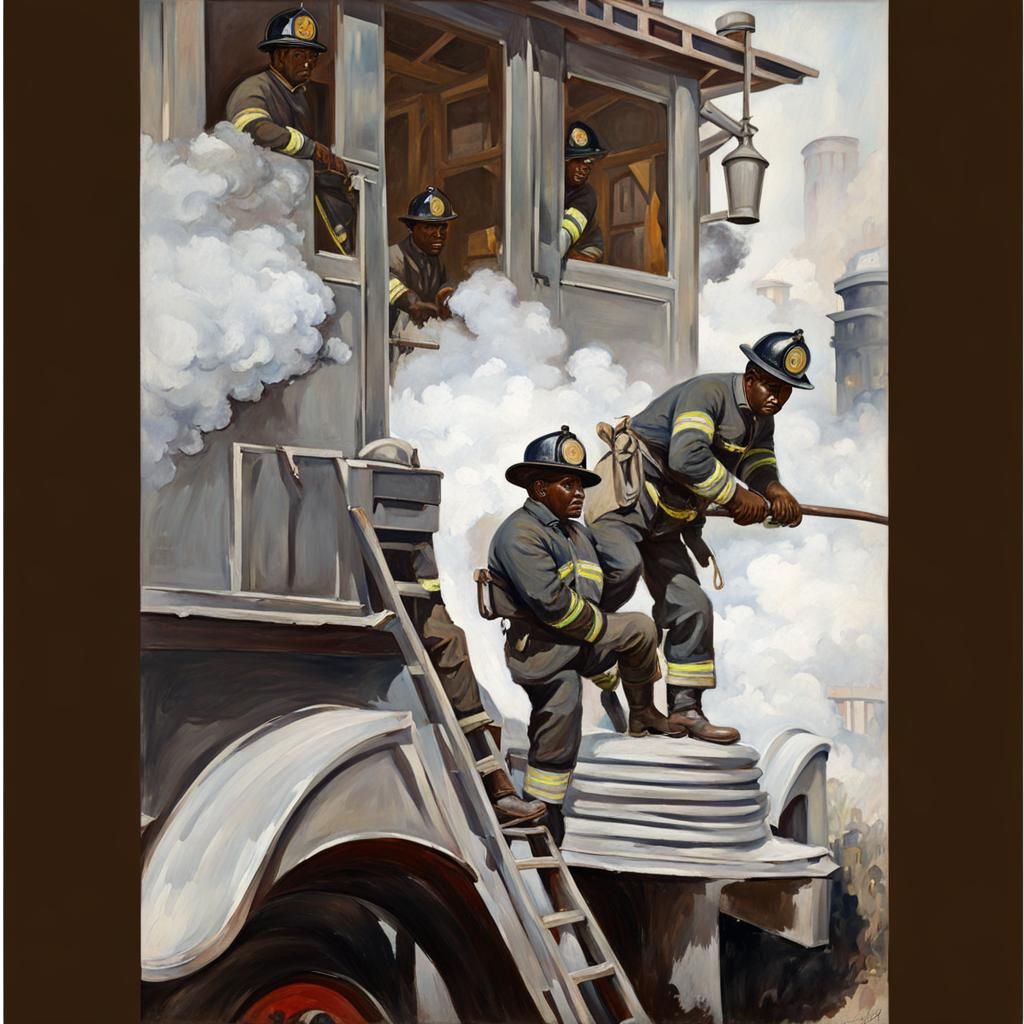 African American Firefighters, Gouache Style, Los Angeles, 1...