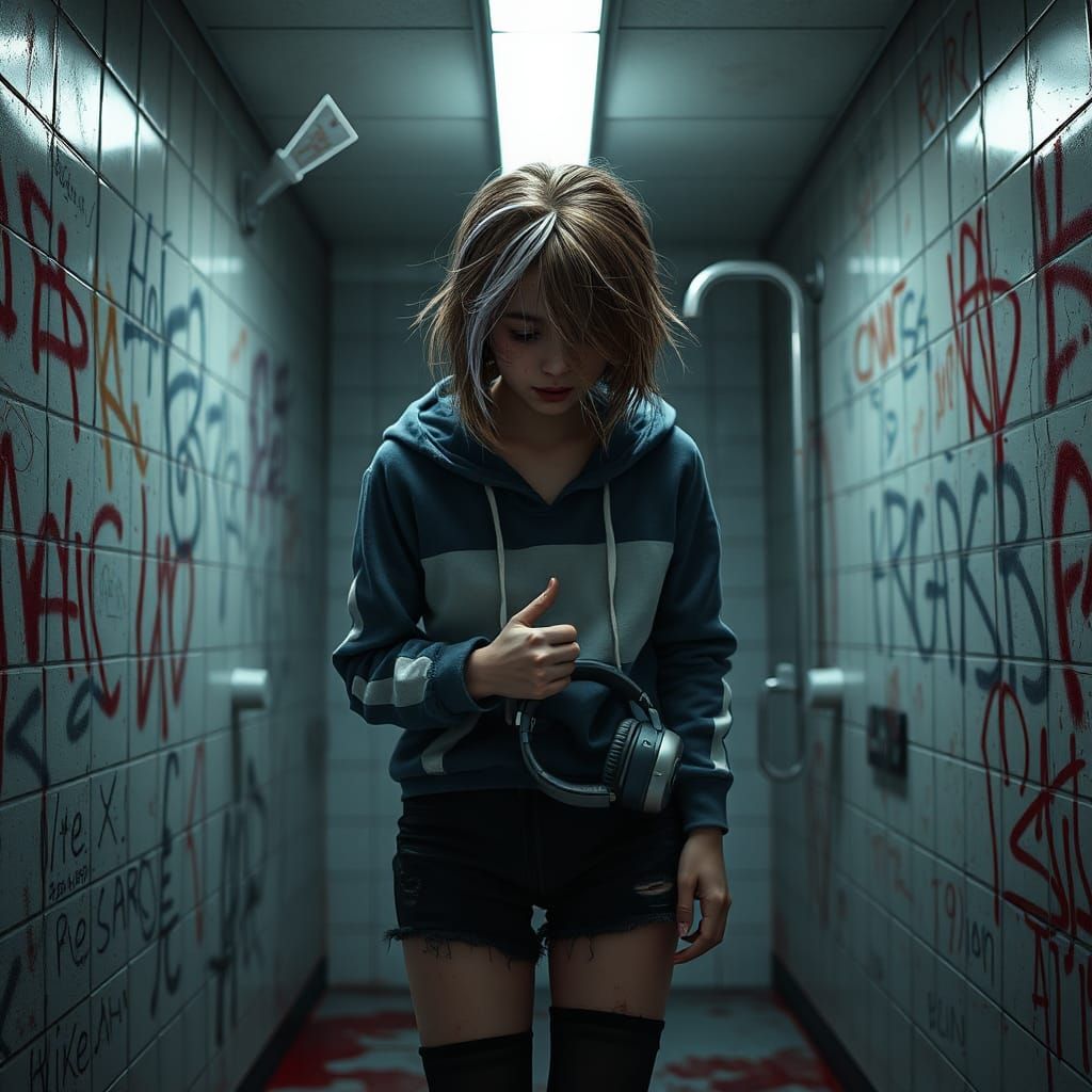 Distressed Girl in Abandoned School Bathroom: Cinematic Conc...