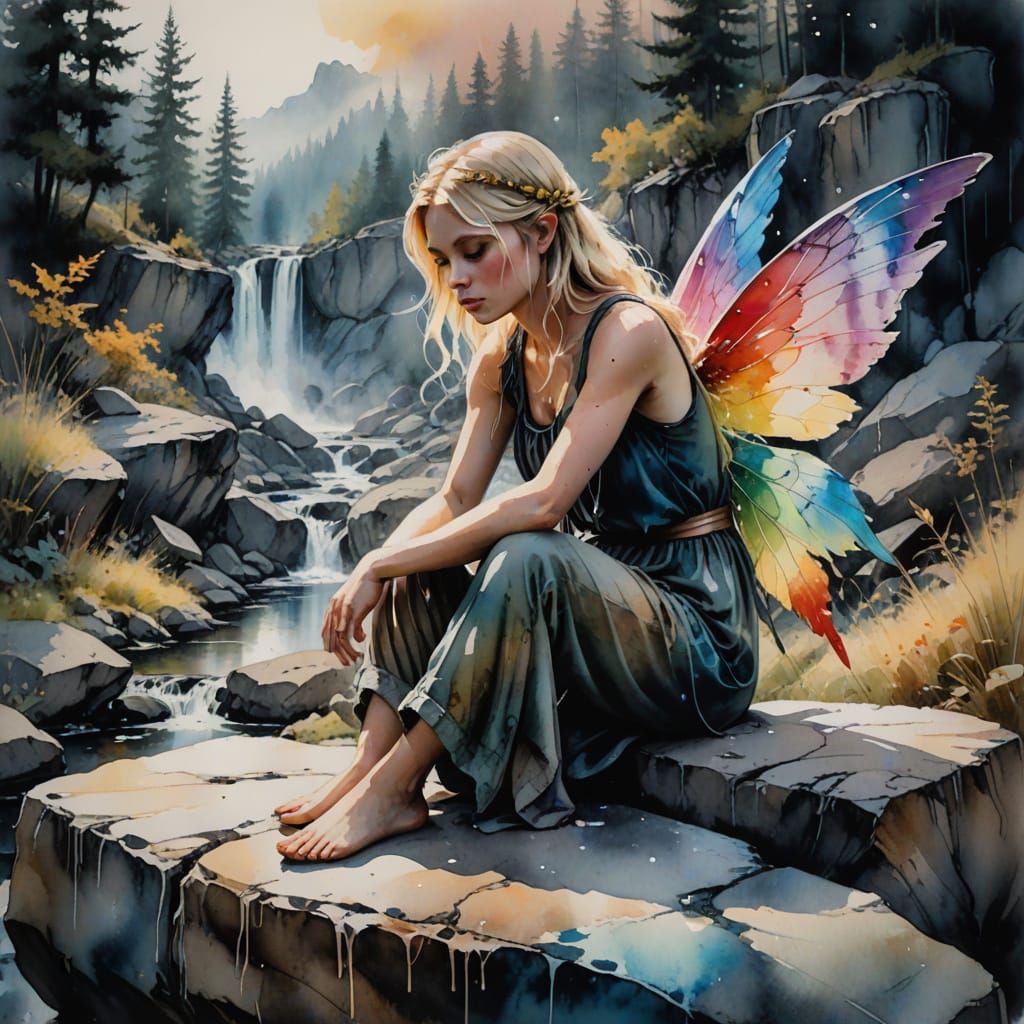 Blonde Fairy in Whimsical European Ink Painting