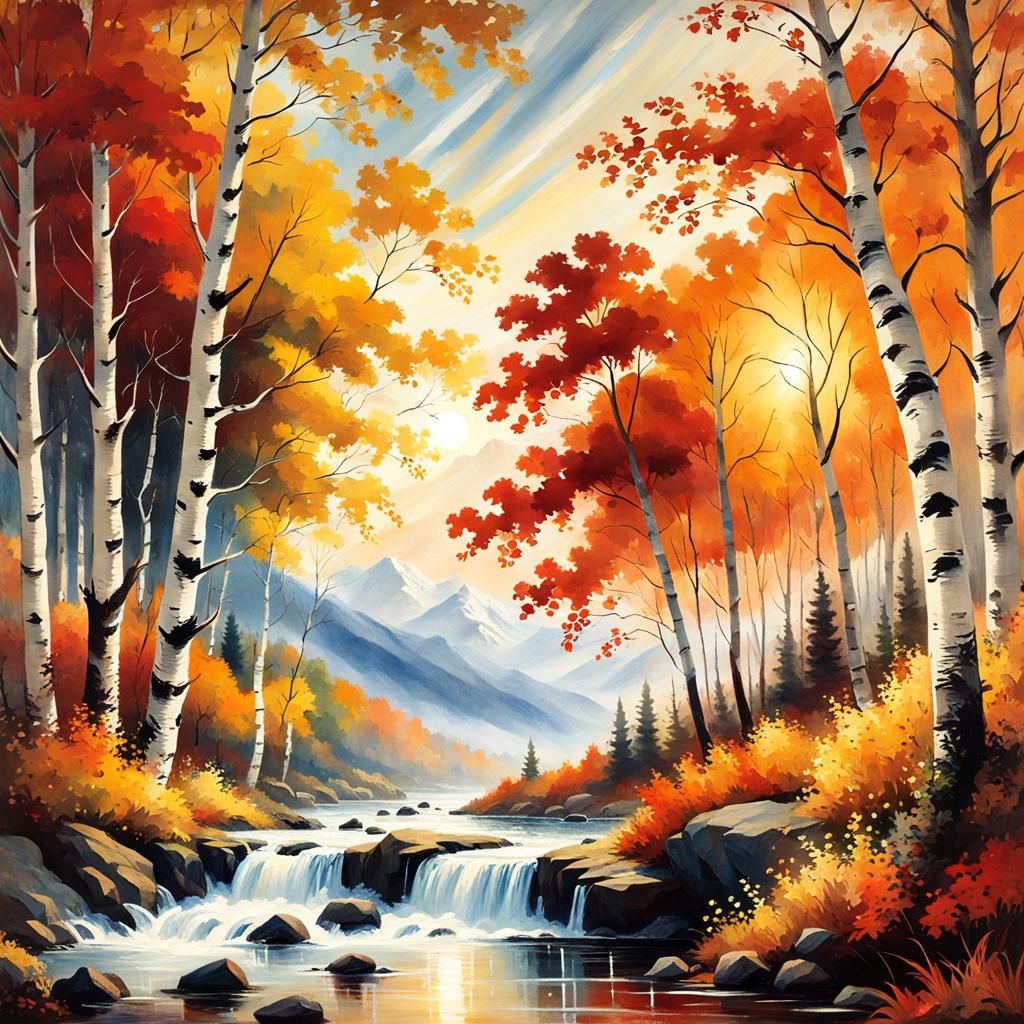 Autumn Birch Forest Painting in Romantic Naturalism