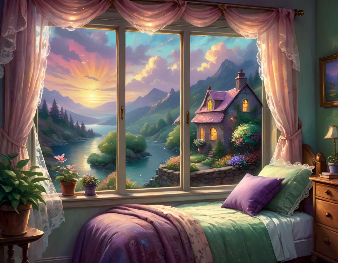 Soothing Whimsical Fantasy Landscape Through a Cozy Bedroom ...