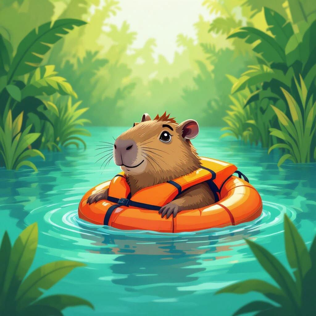 Cartoon Capybara Swims in Turquoise Lake