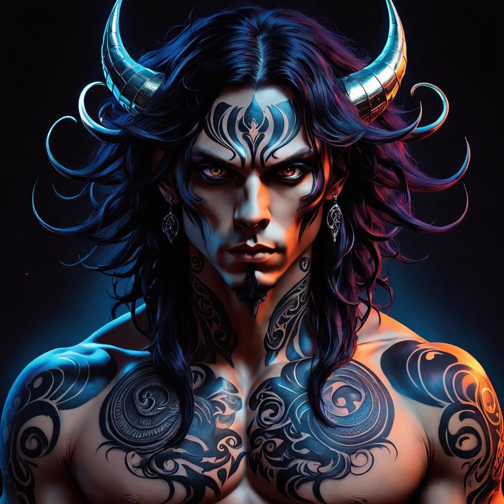 Ethereal Demon with Swirling Tattoos and Radiant Glow in Mel...