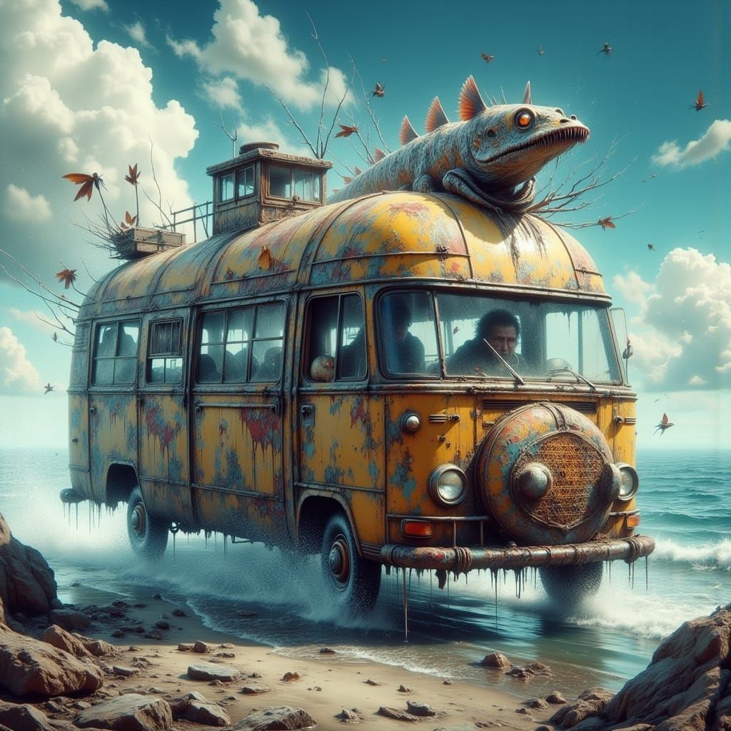 Floating Caravan on Stormy Sea, Miyazaki Style