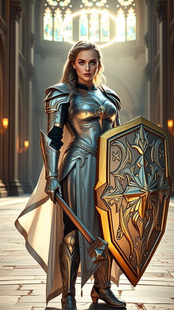 Regal Paladin in Cathedral Courtyard