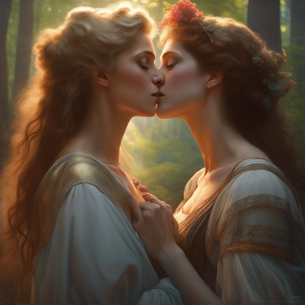 Romantic Kiss in the Woods: Edward Robert Hughes Style