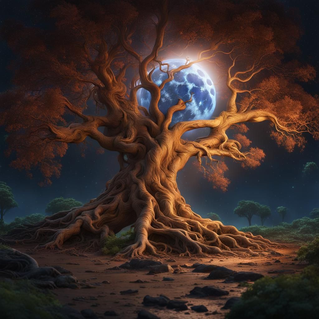 Illuminated Tree Roots and Sunlight Canopy