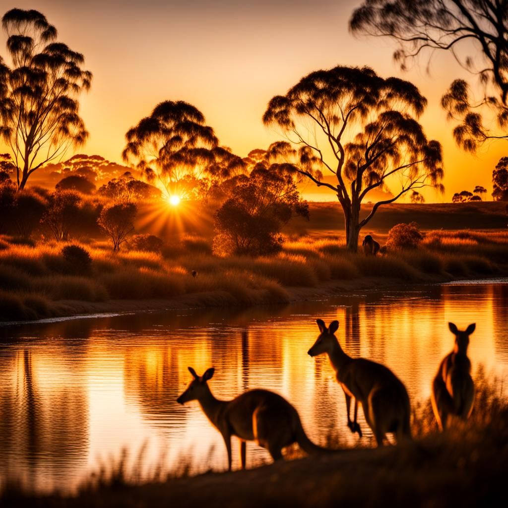 Australian Sunset with River and Kangaroos