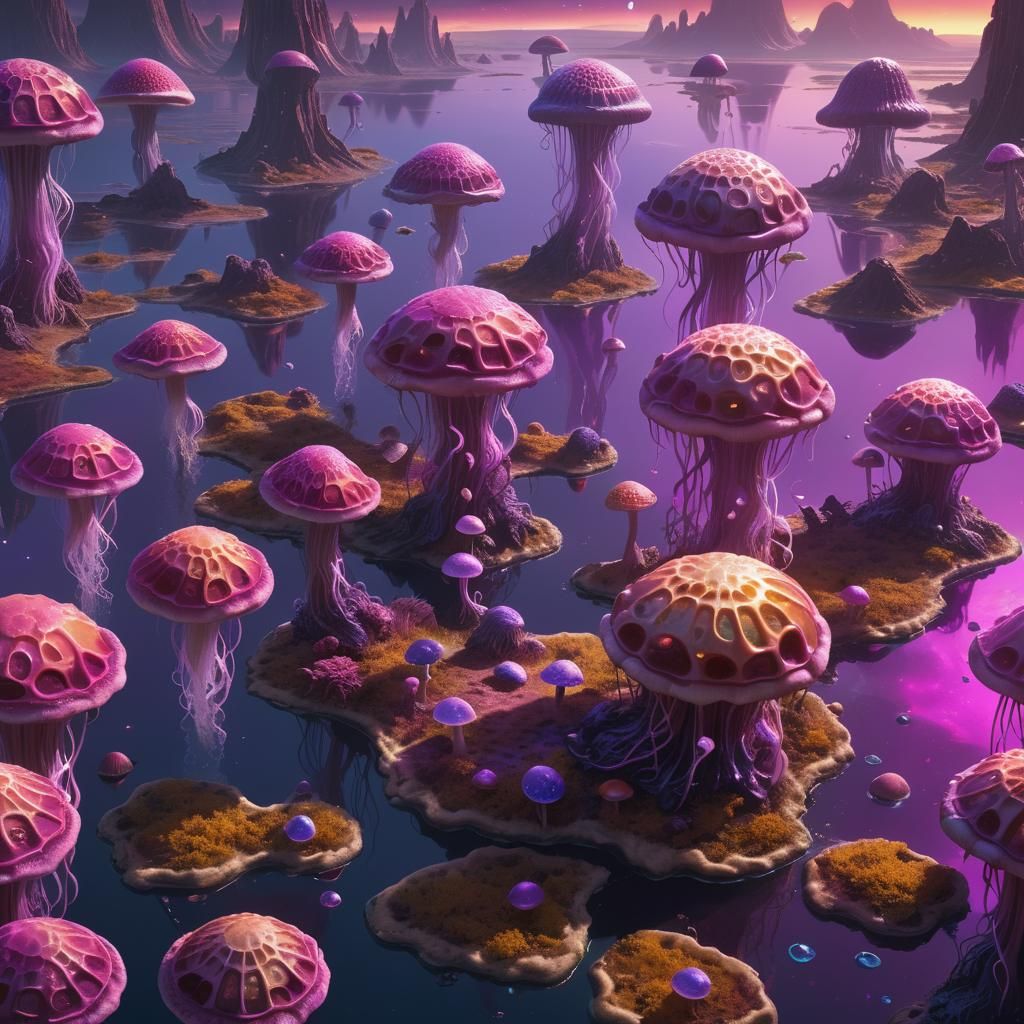 Bioluminescent Alien Landscape with Jellyfish Flora