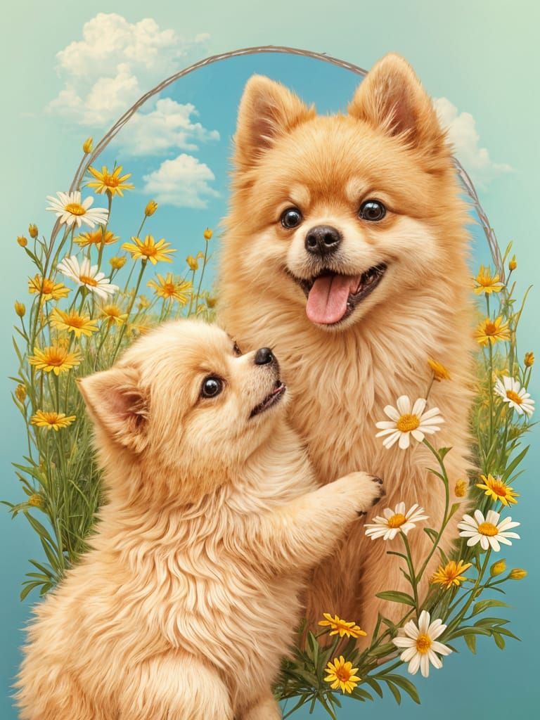 Dainty Pomeranian Mom and Pup Amidst a Vibrant Daisy Field