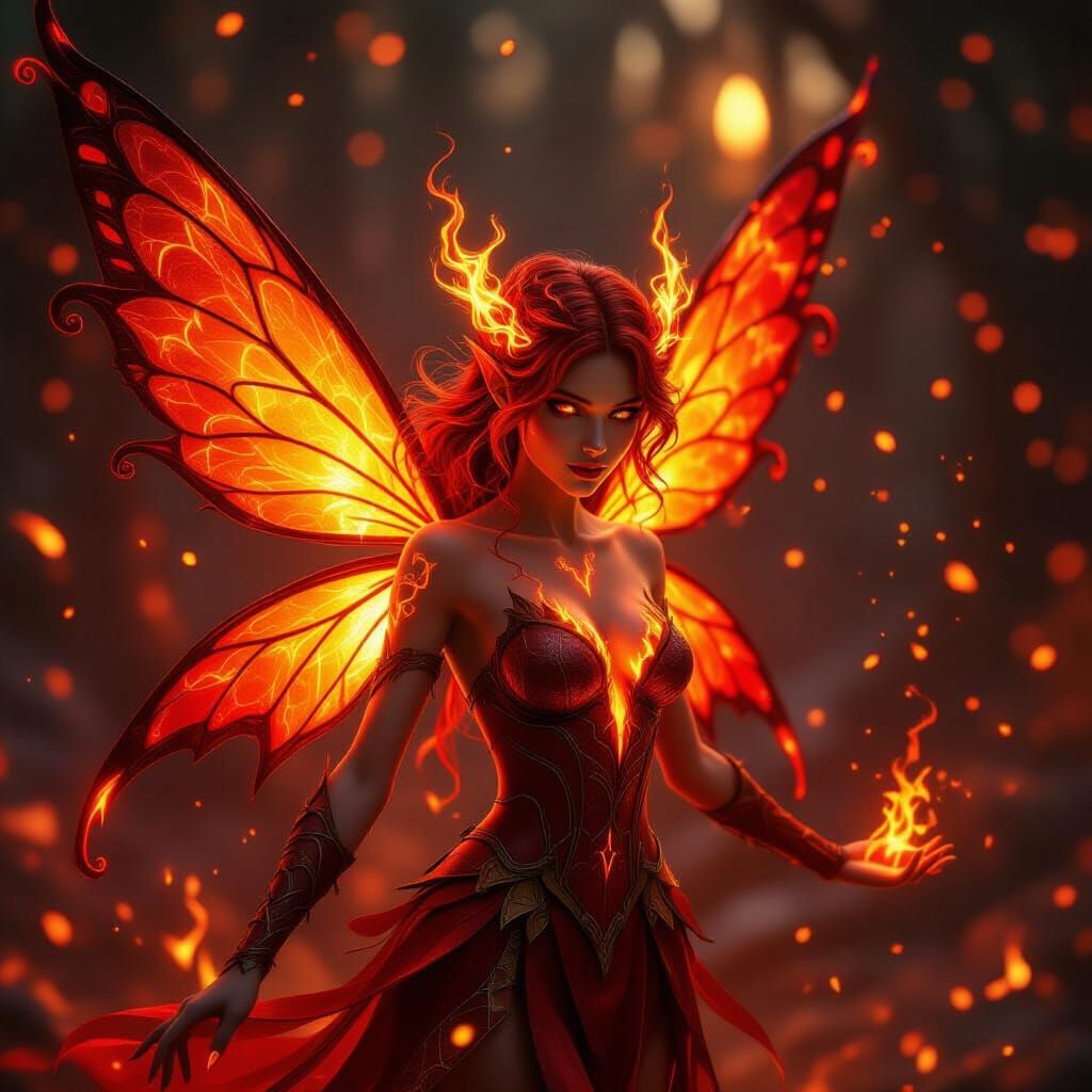 Fiery Fire Fairy with Glowing Embers and Flames
