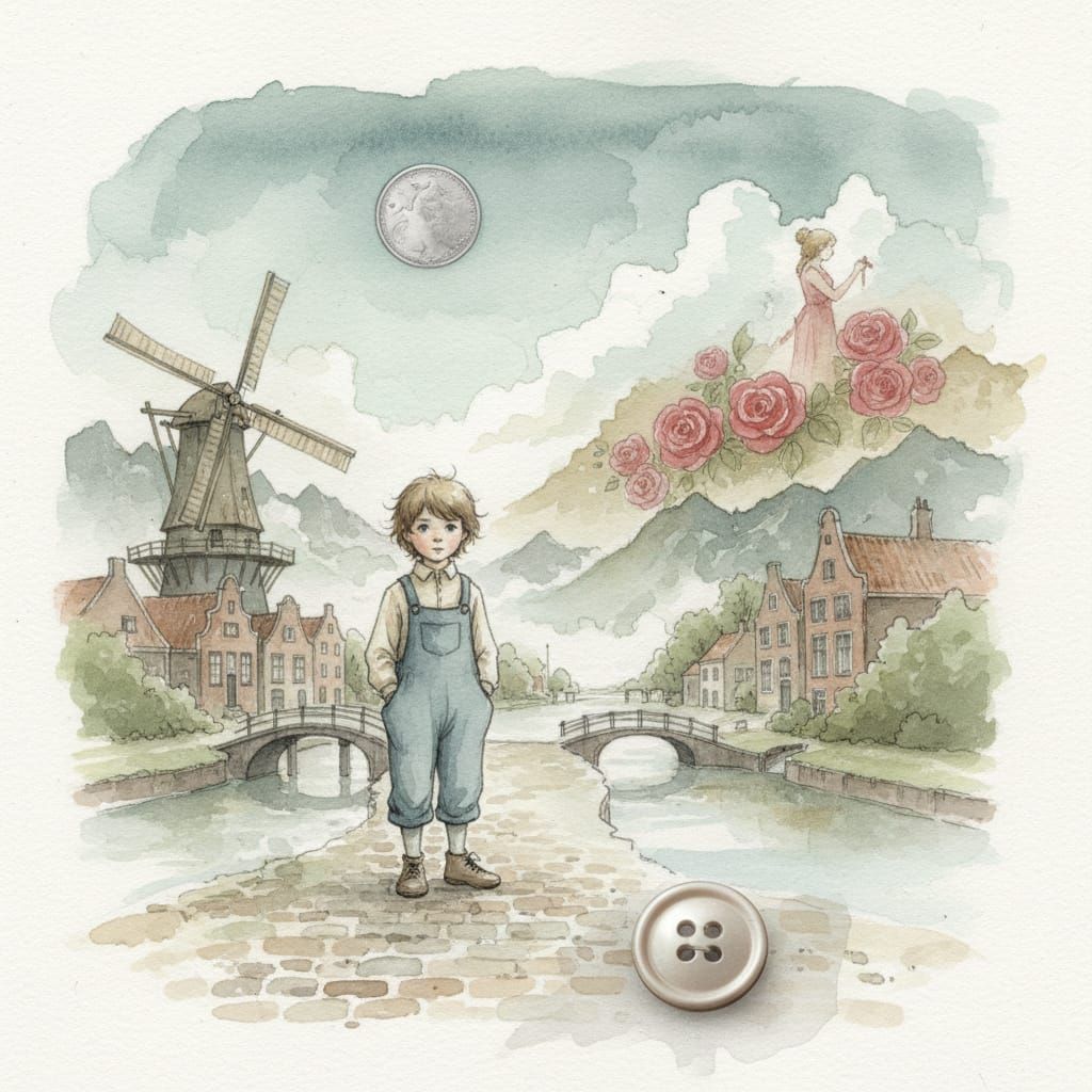 Dreamy Watercolor Illustration of Dutch Landscape with Mount...