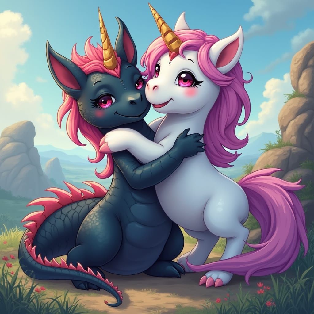 Unicorn Dragon Embrace in Epic Fantasy