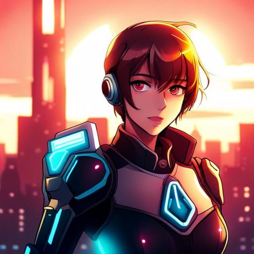 Cyborg Girl in Neon City: Anime Style Portrait