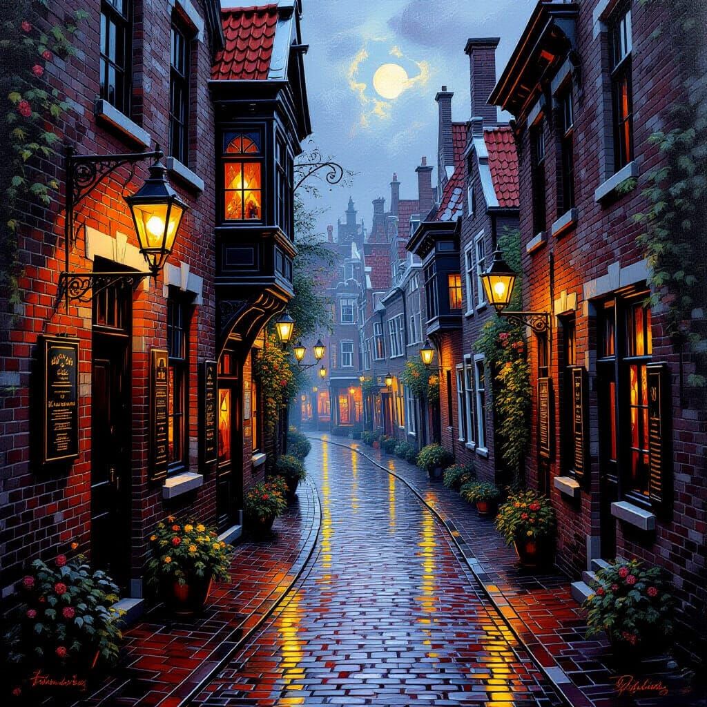 Old Town Alleyways with Lanterns in Oil Painting Style
