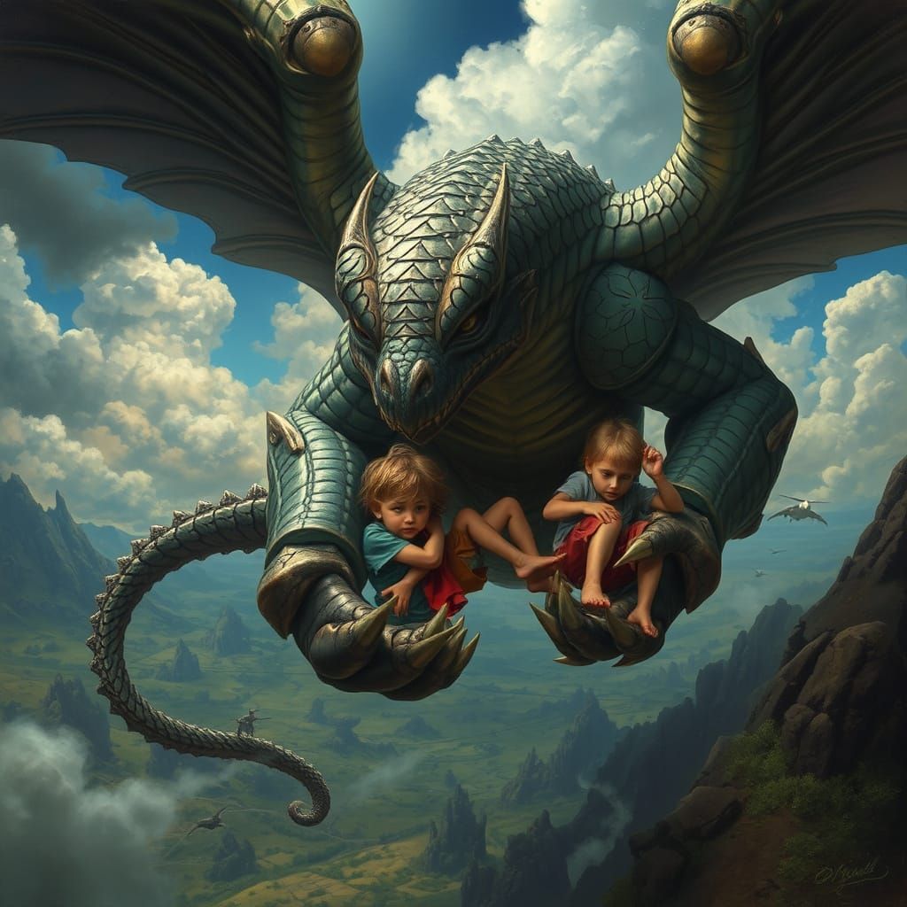 Compassionate Sky Beast Protects Children in Fantasy Landsca...