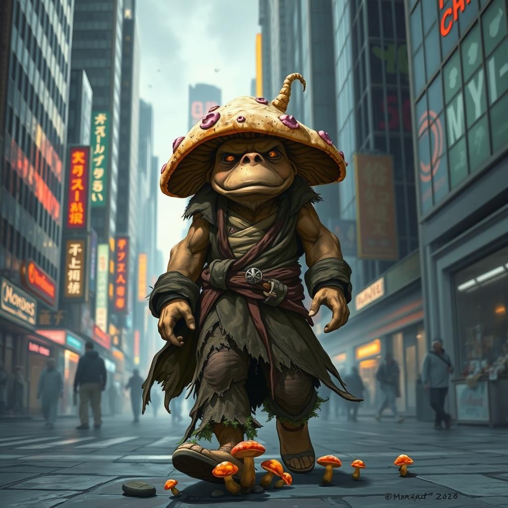 Mushroom Druid in Cyberpunk Cityscape