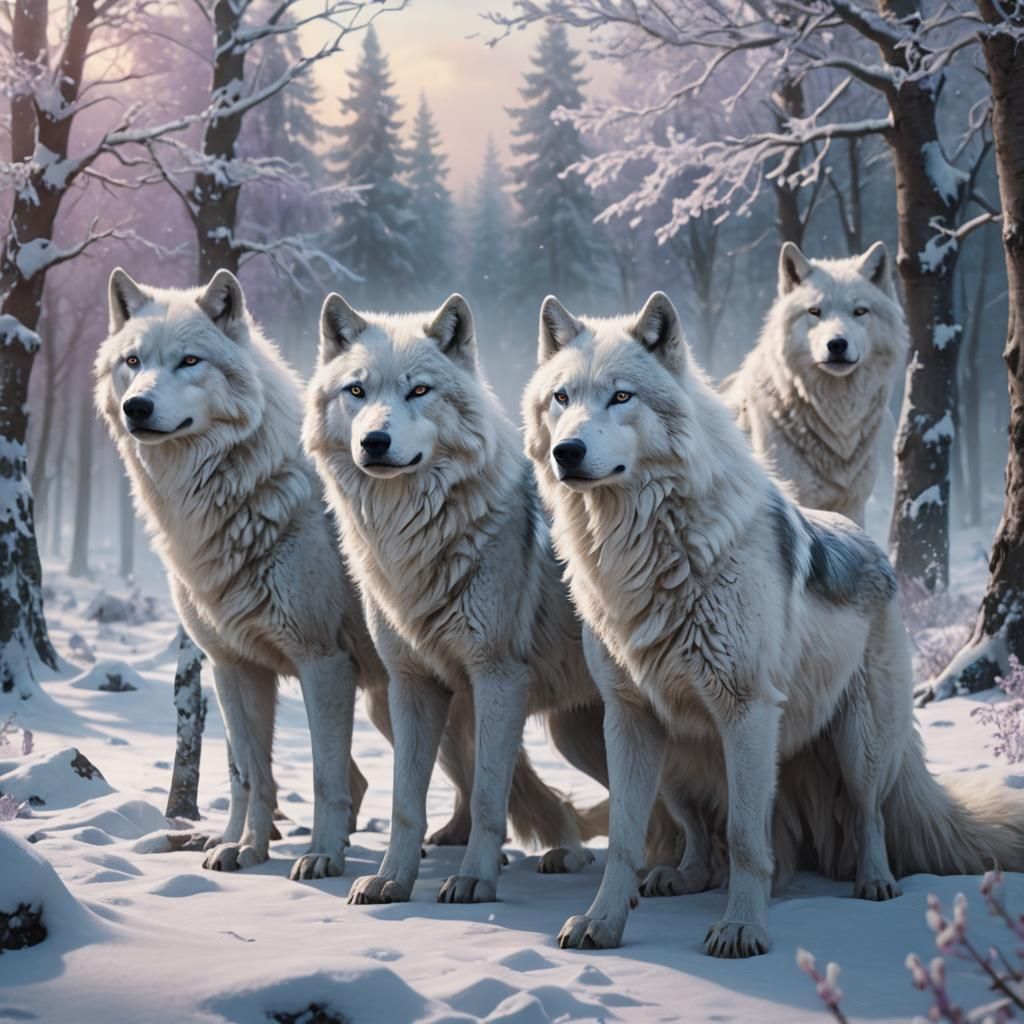 White Wolves with Colored Eyes on Snowy Landscape