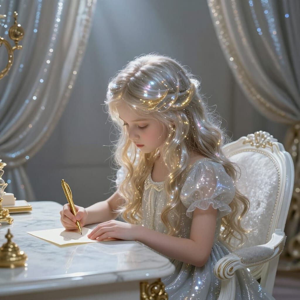 Girl Writes Letter at Marble Desk with Magic
