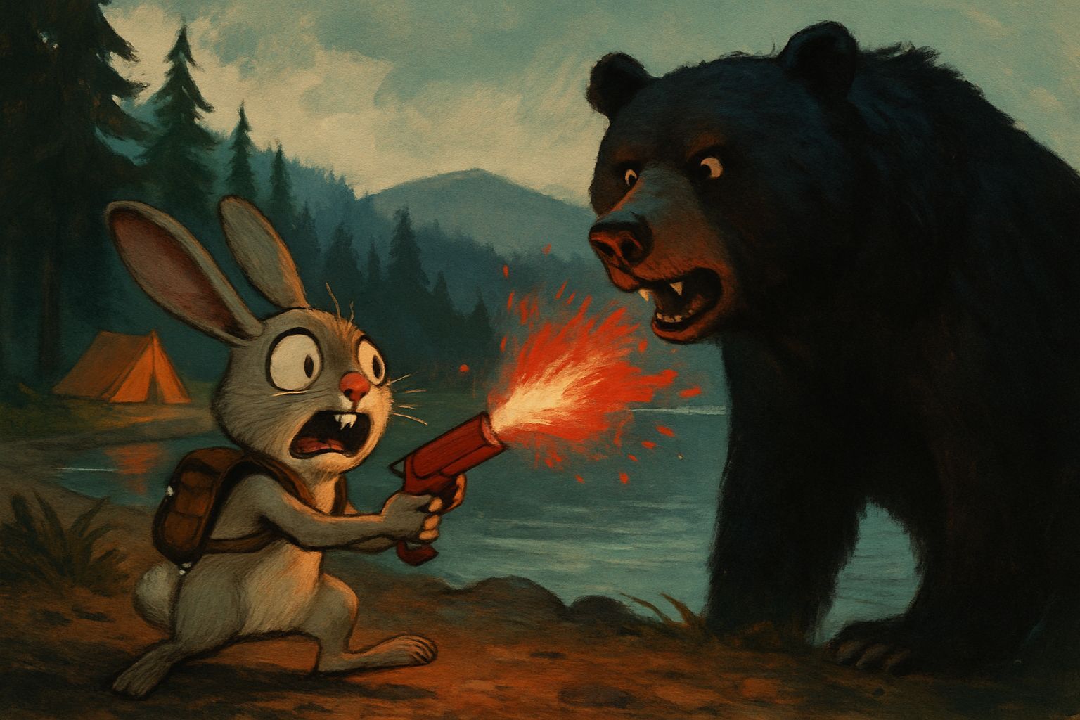 Scared Rabbit Fires Flare at Bear by Lake