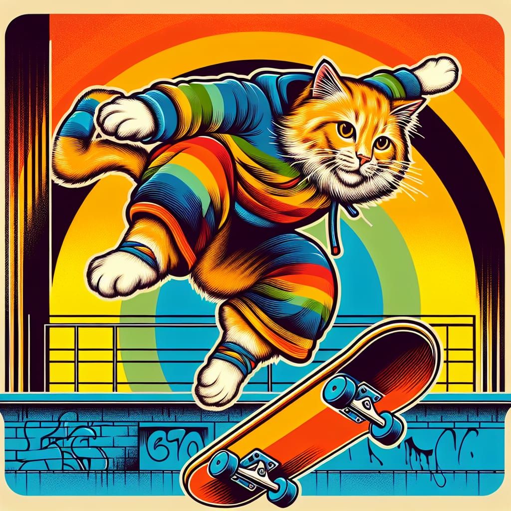 Groovy Cat Skateboarder in 1970s Style