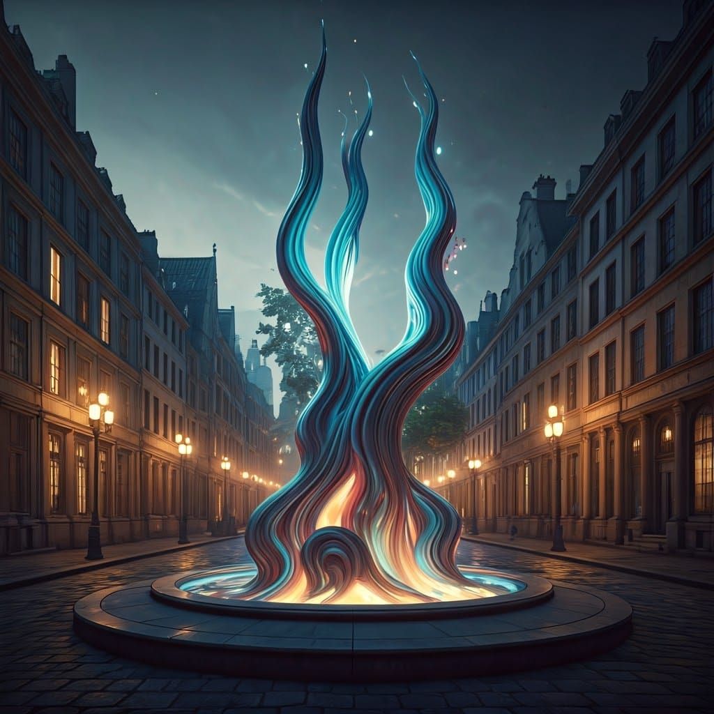 Surreal Town Square Sculpture in Neon Hues