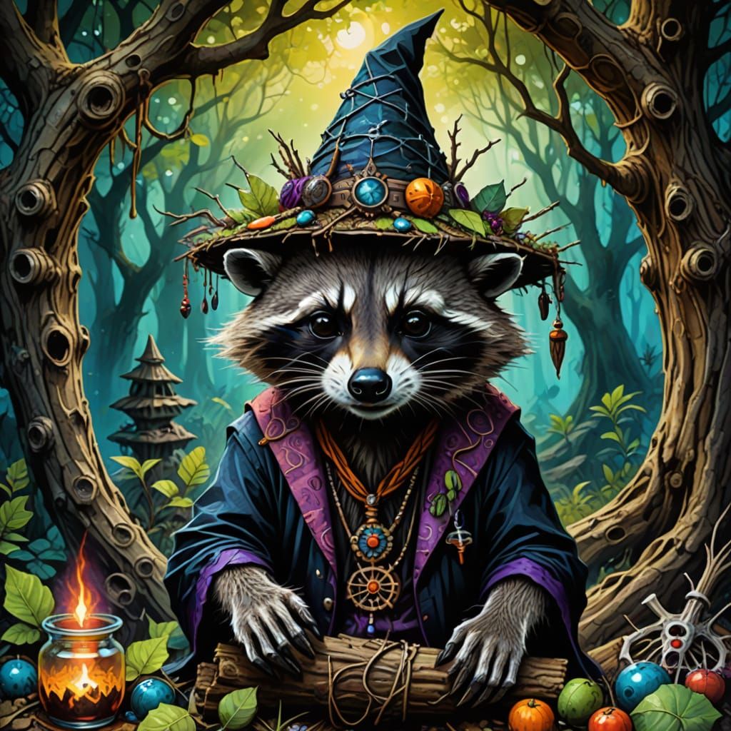 Mangy Raccoon Witch Doctor in Vibrant Fantasy