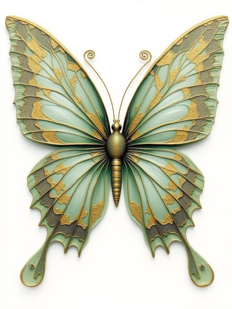 Golden Butterfly with Floral Scrolls, Mucha Style