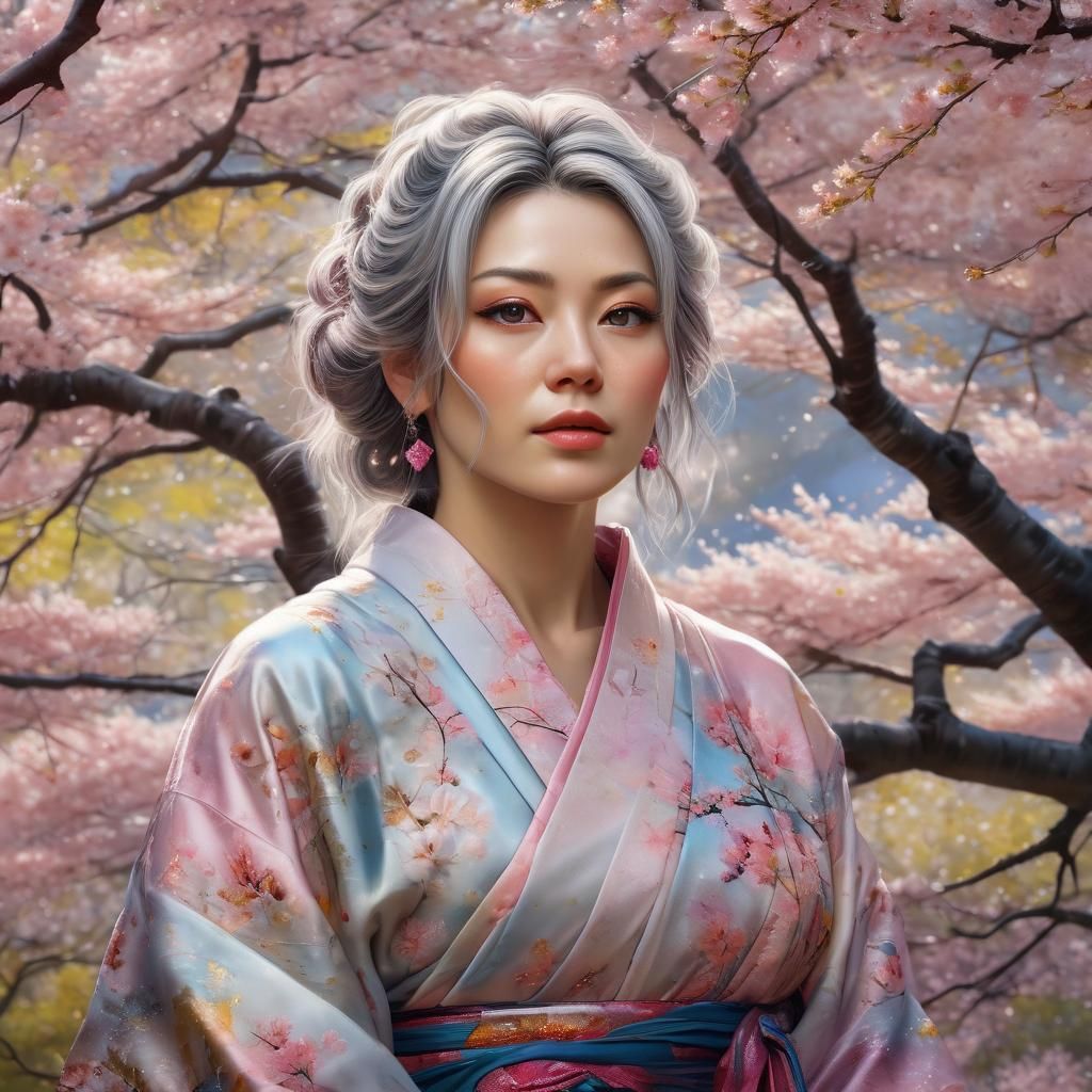 Opalescent Woman with Sakura Blossoms, Oil Painting Style