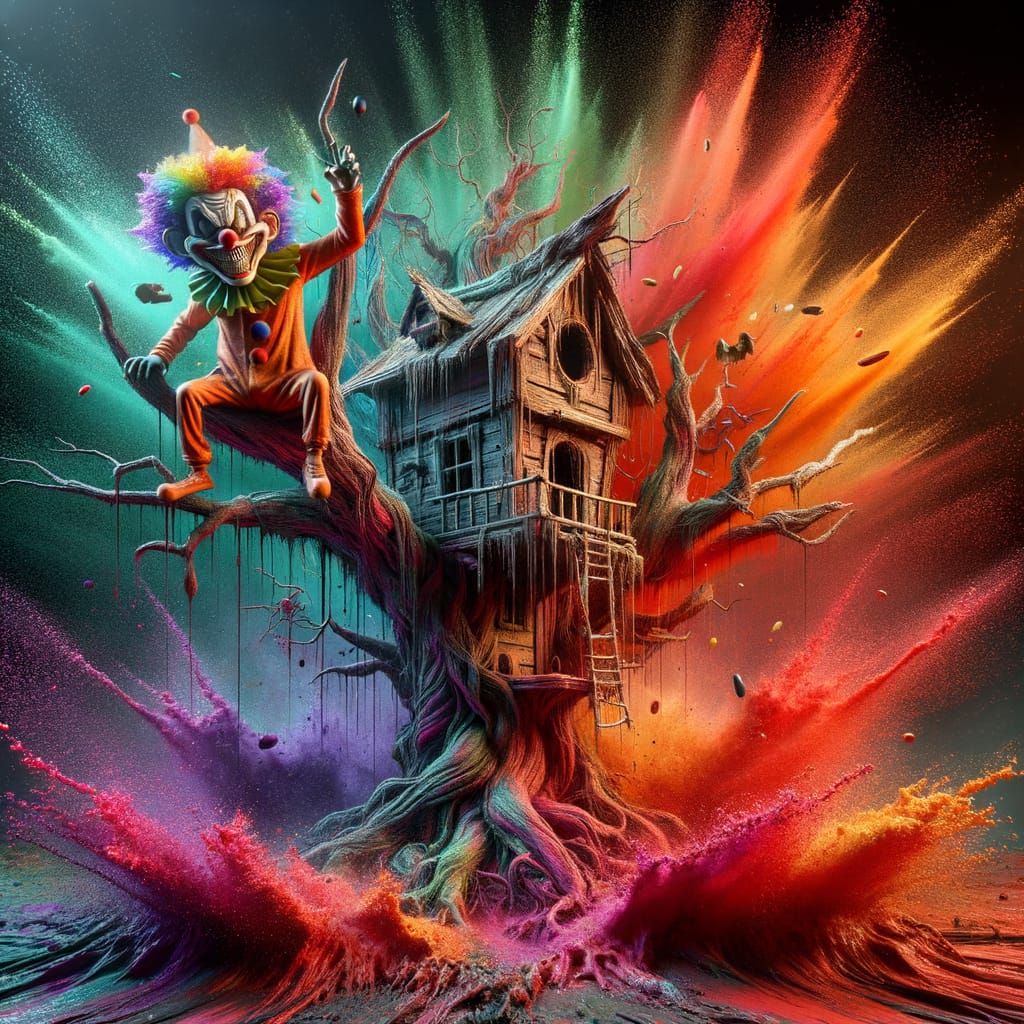 Hyperrealistic Tree House with Clown Monkey