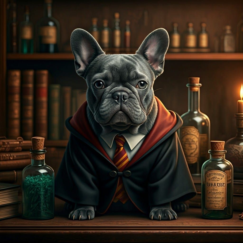 Blue French Bulldog as Harry Potter in Apothecary
