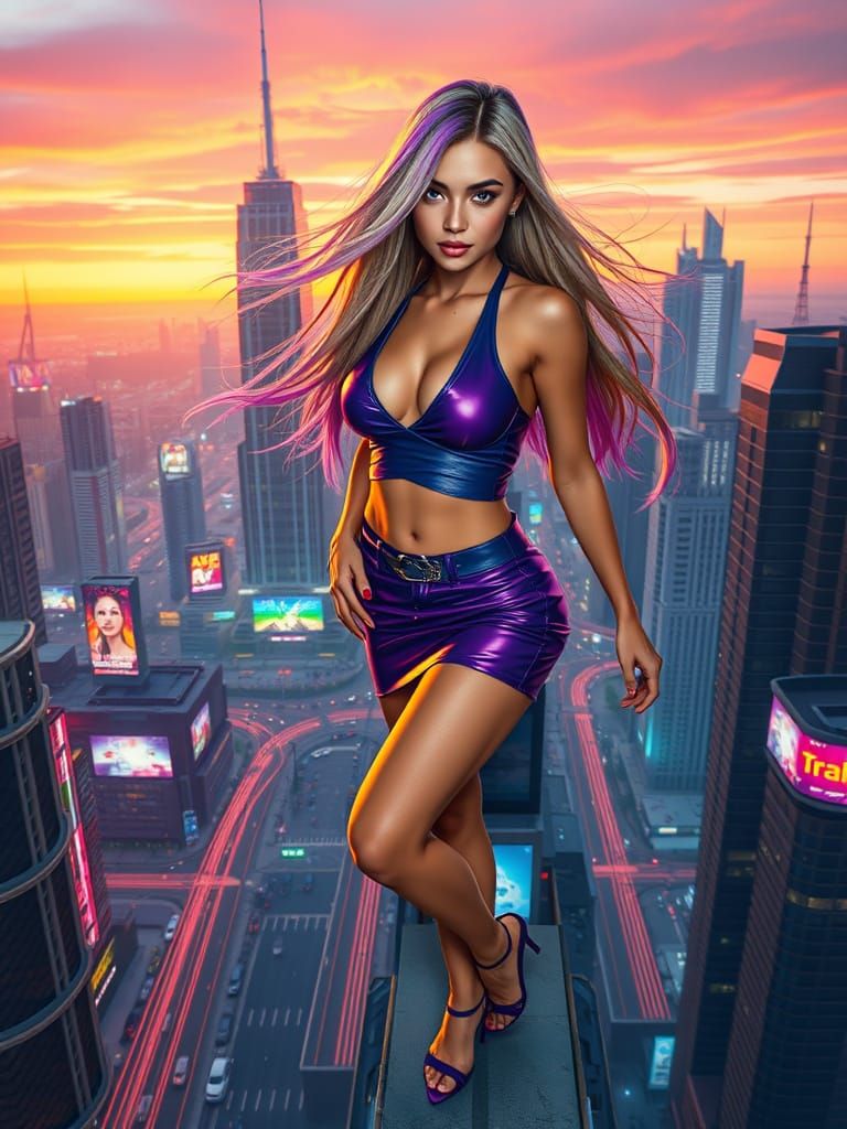 Cyberpunk Woman on Skyscraper Edge