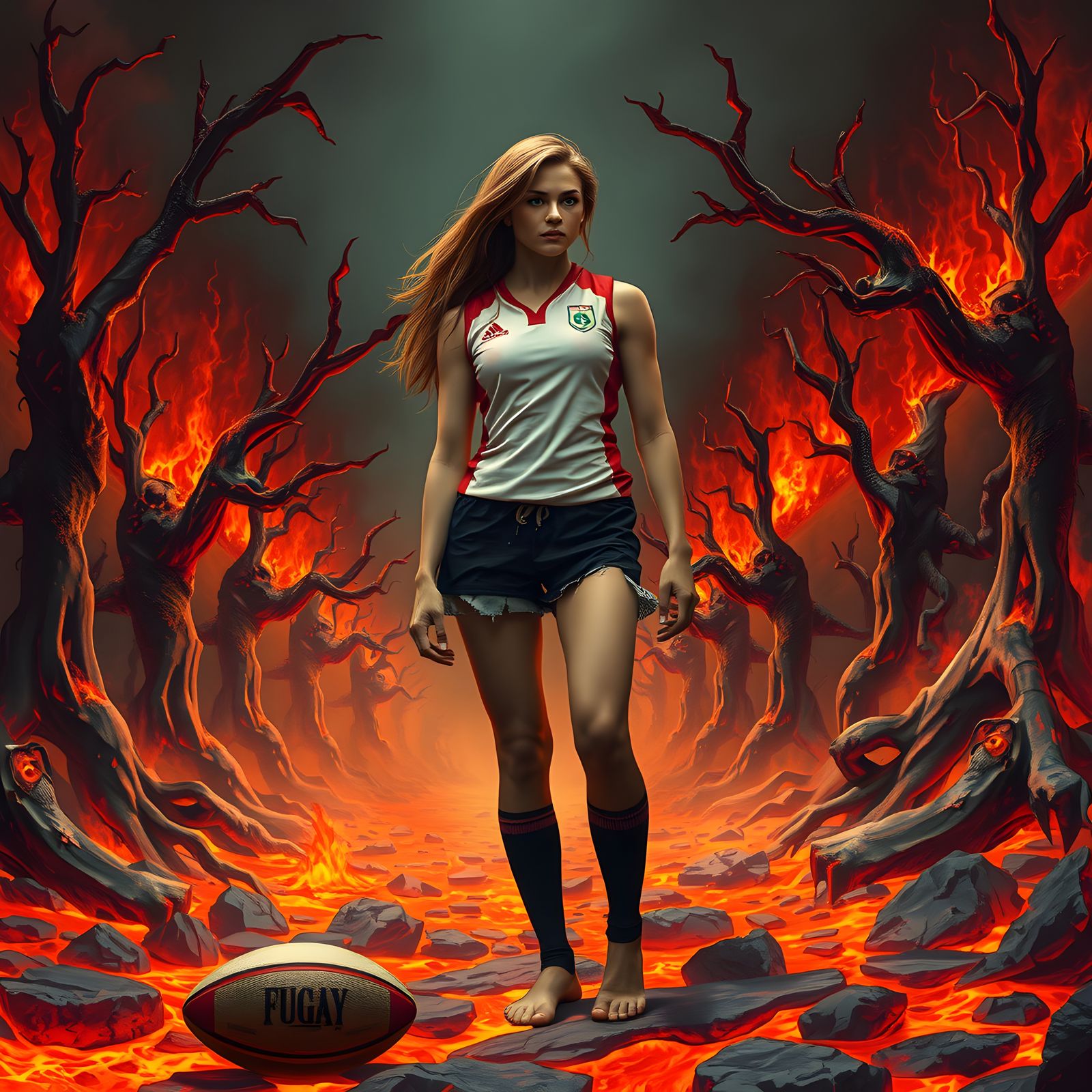 Barefoot Rugby in Hell: A Surreal Image