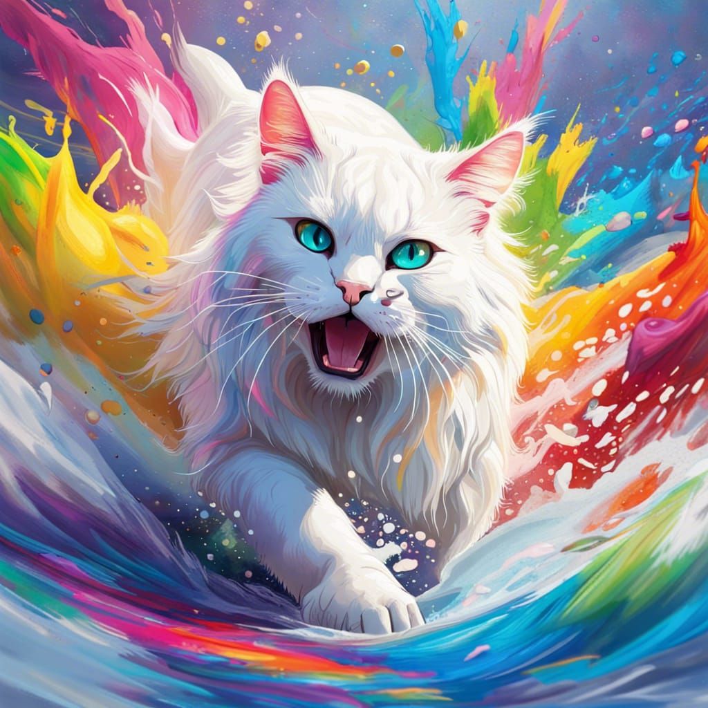 Majestic Cat Pouncing into Rainbow Paint Splash Art
